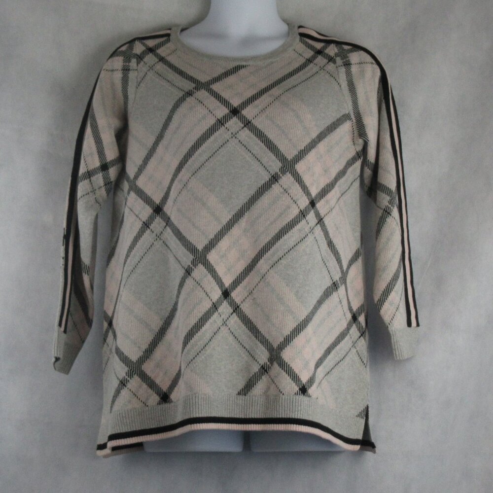Charter Club Women's Plus Size Pullover Crewneck Sweater, Gray Pink Plaid, 0X